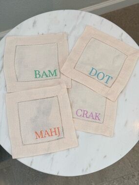 Mahjong Embroidered Linen Cocktail Napkin Set